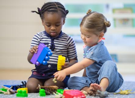 stock image of a two children playing with building blocks