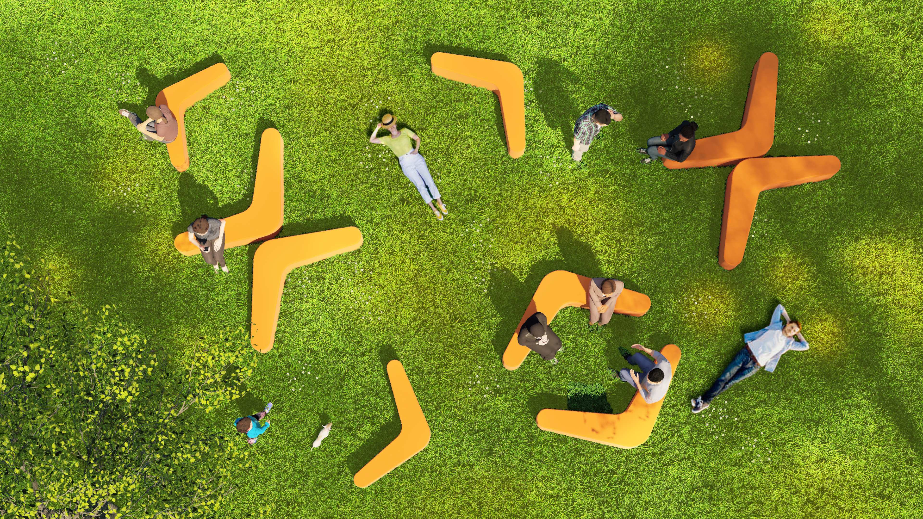 Bionic+Team's image containing a field with orange boomerang benches