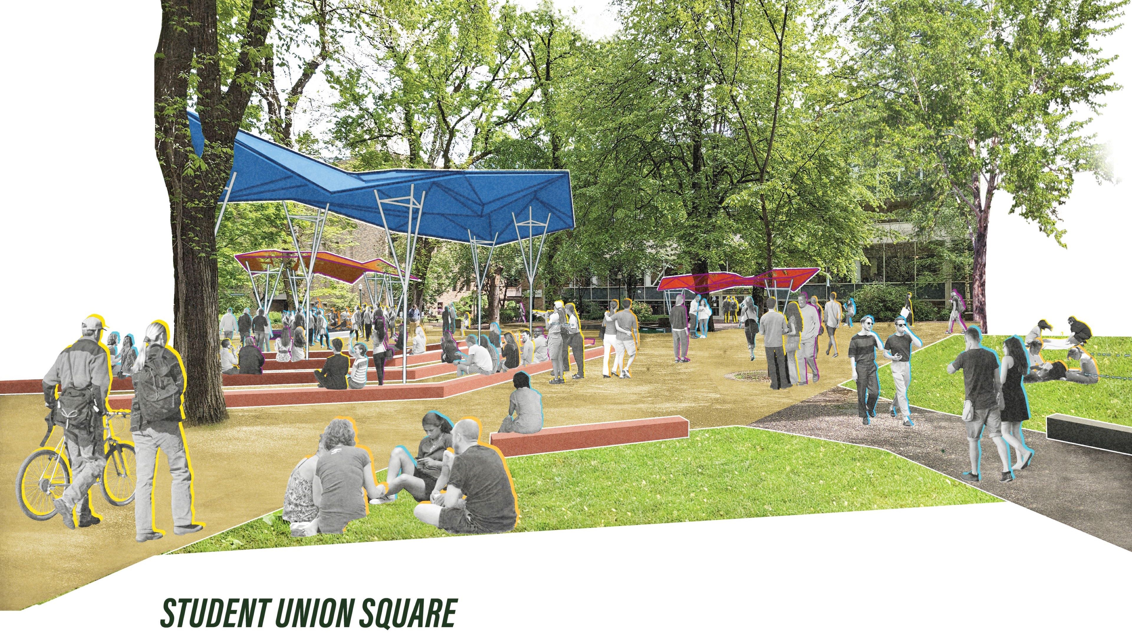 Walker Macy's image, featuring a field and trees with a covered area at the Union Square