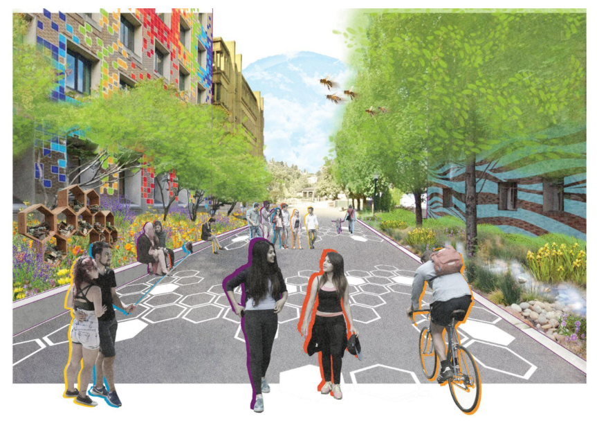 picture of many people on a street with trees in the background