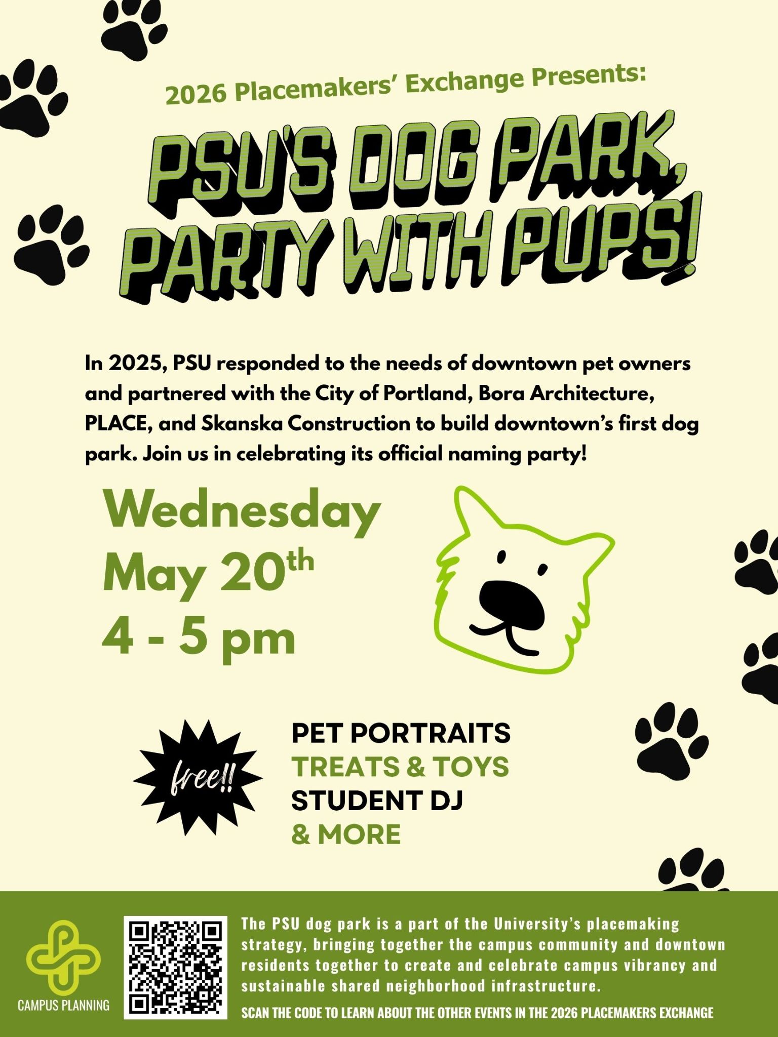 flyer for psu's dog park, party with the pups event. flyer is a light yellow background with green graphics including a dog outline