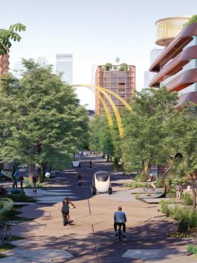 A view of Big Place's plan, including a wide pedestrian friendly street lined with trees