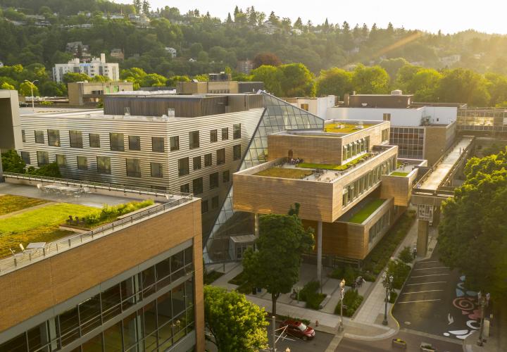 An aerial view of buildings at PSU
