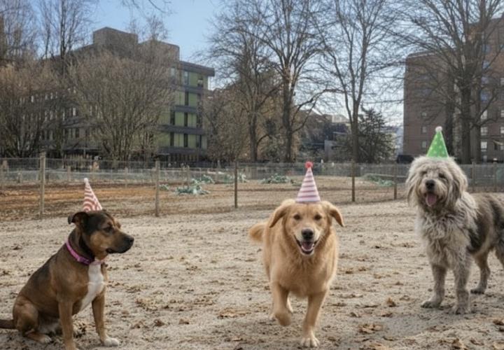 Picture of three dogs in party hats on the site of the upcoming dog park at Portland State Univeristy