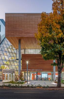 glass atrium entrance to the karl miller center