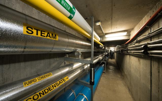 Pipes in an underground corridor labeled chill water, steam, condensate