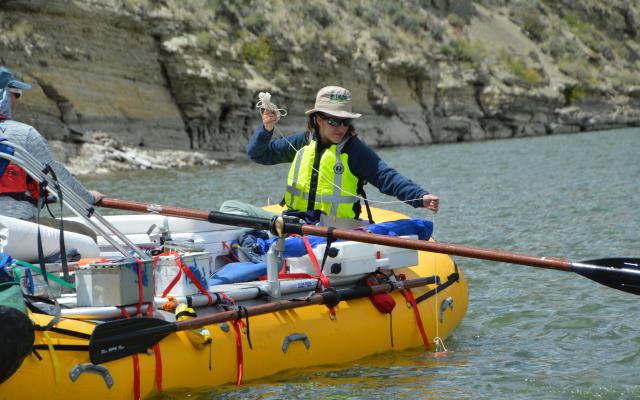 A person sits near the back of a yellow raft on a river with equipment strapped down on the boat, holding the end of a line that is tied to a measuring device in the water