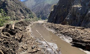 Debris flow deposit in the North Fork Feather River, Plumas County, CA near the Dixie burn area.  