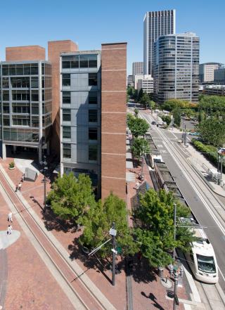 the urban plaza from the roof of the recreation center