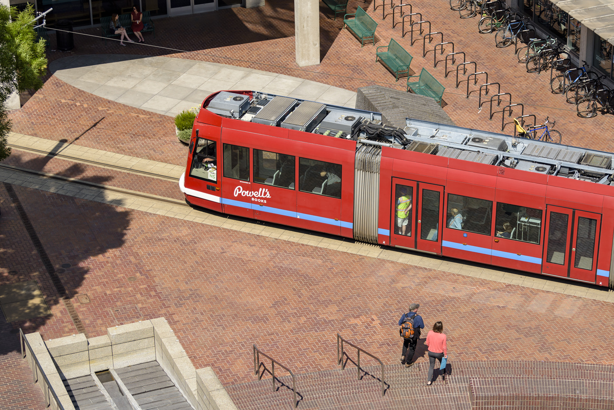 Streetcar crossing the urban plaza