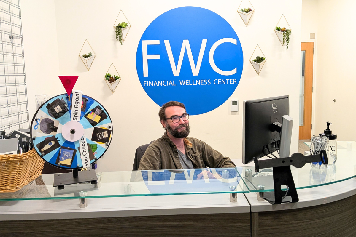 Front desk at FWC with prize wheel