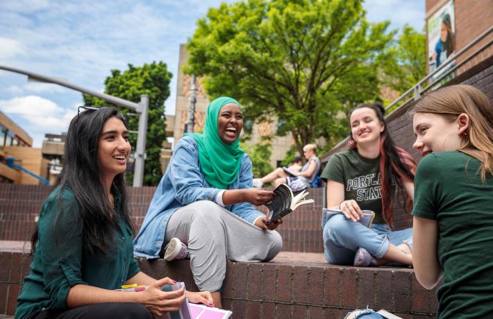 students hanging out in Urban Plaza