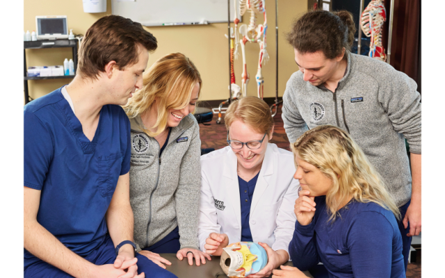 Five medical students in scrubs and white coats gather around a table to examine a medical skull model