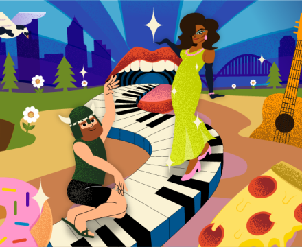 Colorful illustration of Portland State Viking Days with a Viking, drag queen, city skyline, and playful icons like pizza, guitar, football, and donut