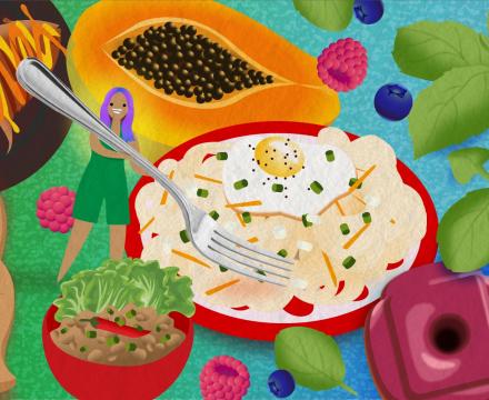 Colorful illustration of the four founders among giant dishes and ingredients, including noodle soup, a papaya, suya wings, basil, donuts, a glass of gin, berries and cherry blossoms