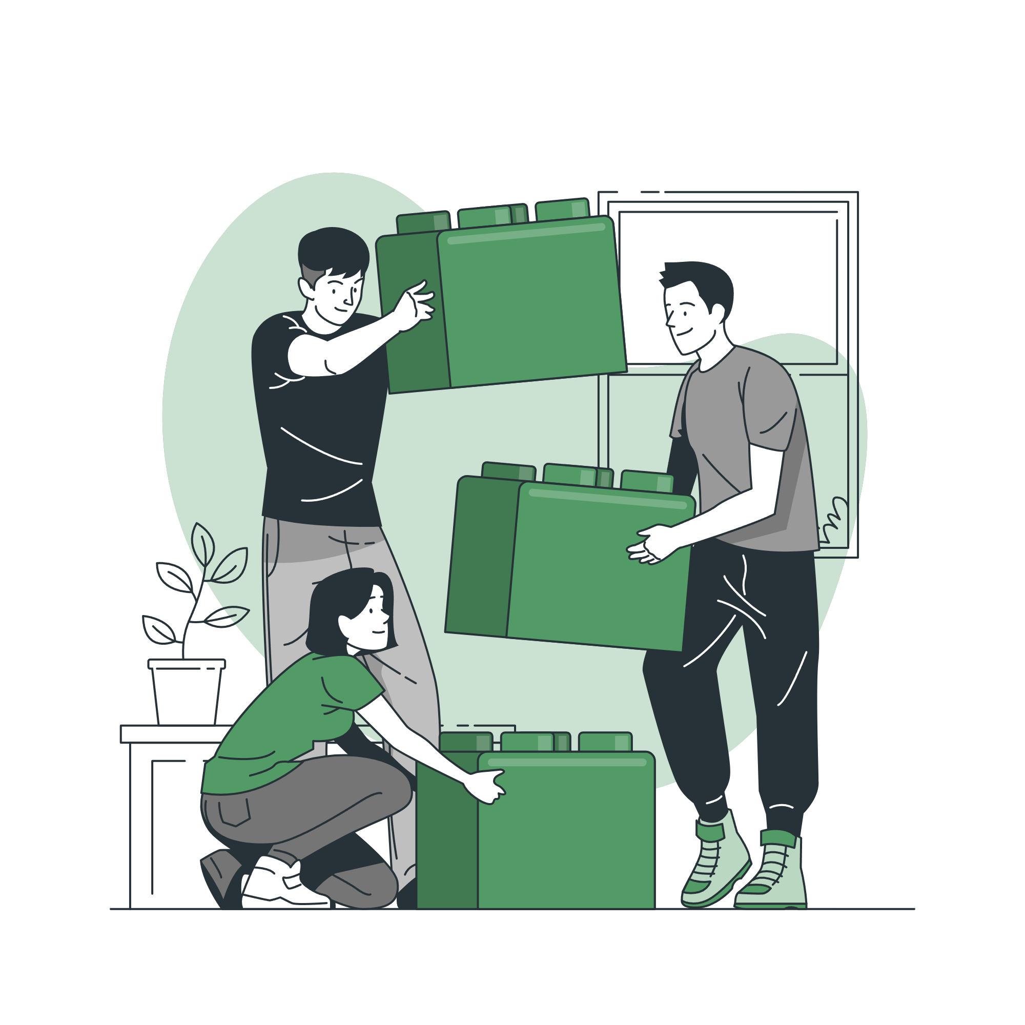 decorative image with three individuals placing boxes on top of each other symbolizing teamwork 
