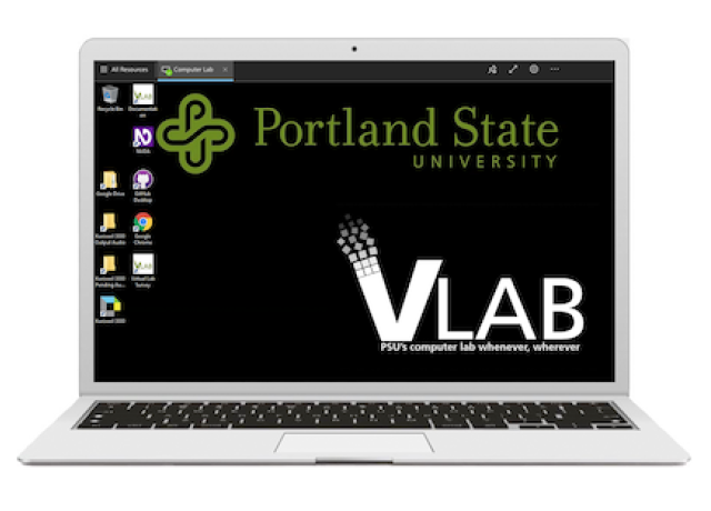 Laptop with Virtual Computer Lab (VLAB) desktop and logo displayed on screen.
