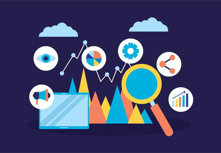 Abstract illustration representing process improvement showing magnifying glass, laptop, pie charts and bar graphs.