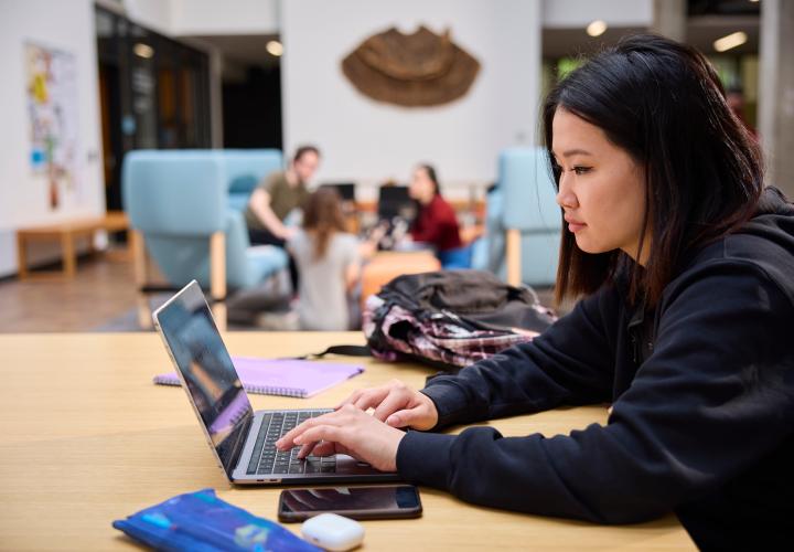 Student working on their laptop in a student commons