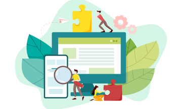 Decorative illustration representing digital content creation, showing three people near a giant desktop computer and mobile device, with puzzle pieces and green leaves in the background. 