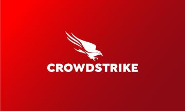 CrowdStrike in red lettering with a red falcon graphic swooping down toward it
