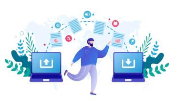 Drawing of a man between two computers as data flies between the two symbolizing data migration