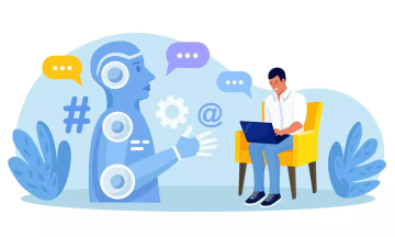 graphic of robotic person symbolizing AI talking with a person at a computer