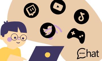 Image depicts an illustration of a child at a laptop, with common app icons surrounding