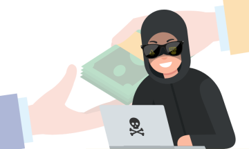 Image depicts two hands exchanging money in the background, with a computer scammer in the foreground. 
