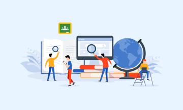 Several drawn figures amongst computers, books and a globe