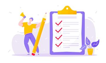 A person with megaphone and pencil nearby giant clipboard with complete checklist vector