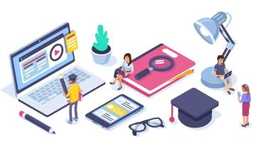 miniature people interacting with large education related objects such as a laptop, book, calculator