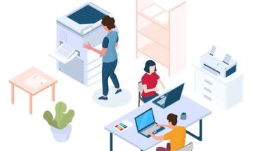 Decorative image showing students at a table with laptops and another at printer