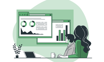 two people in a meeting room reviewing documents being projected