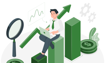 decorative image showing user on a graph going up surrounded by coins holding a laptop