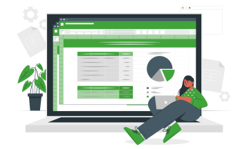 Decortive image of a woman sitting next to a laptop that is presenting data