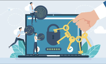 Decorative image showing figures with security protocols next to a laptop with a lock and key next to it