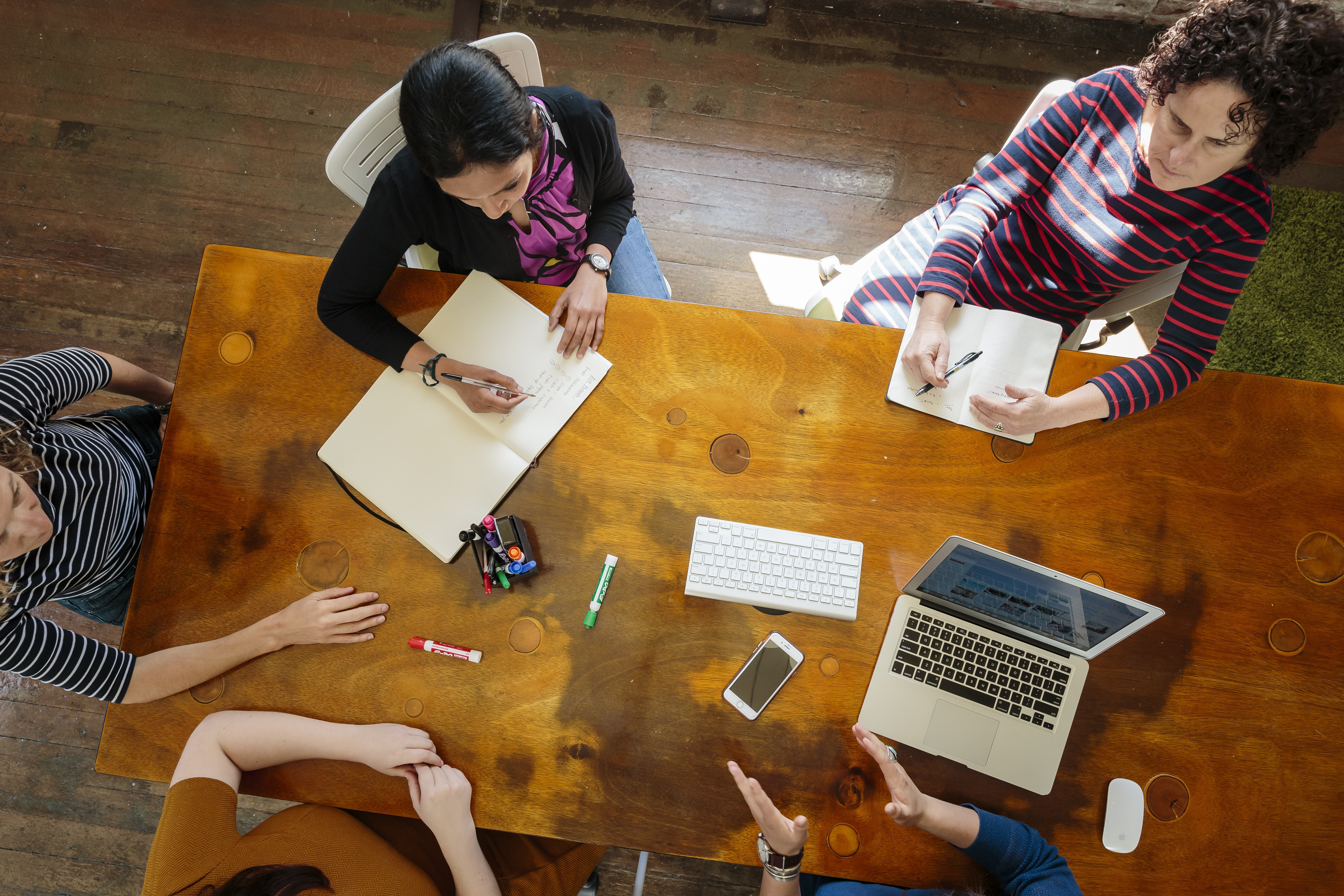 overhead view of a wooden conference table, with five individuals seated around. various notebooks, pens, markers and computer accessories are scattered around the table. 