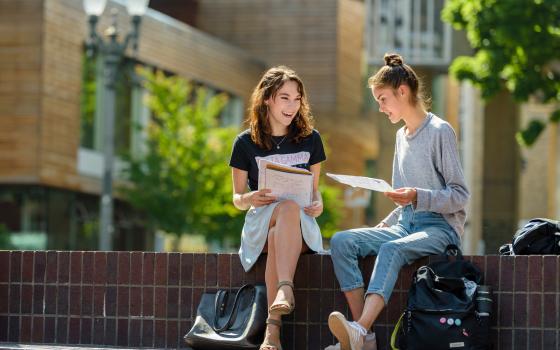 studying in urban plaza