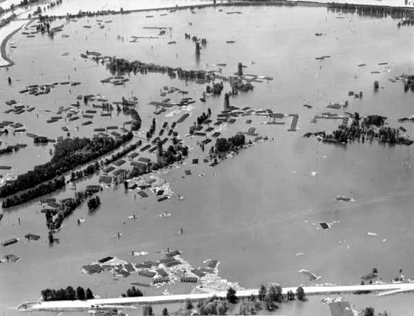 Aerial view of extensive flooding of Vanport City