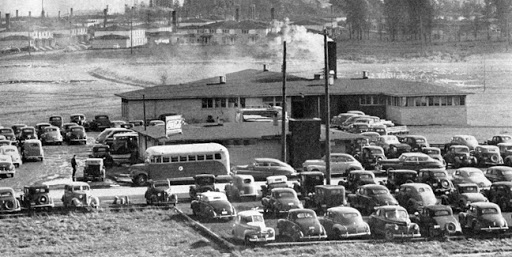 Columbia Hall of the Vanport Extension Center with snack bar in the foreground.