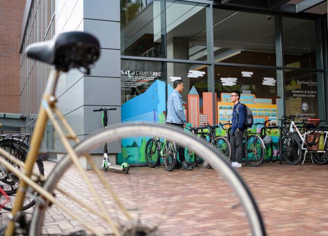 Bicycles lined up outside