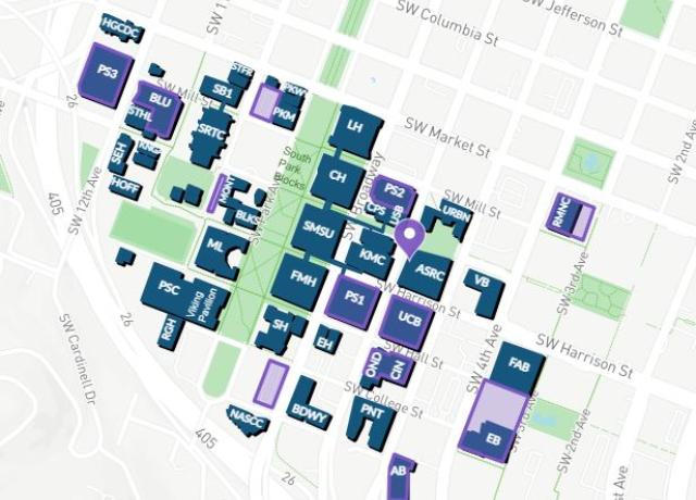 Campus map with parking garages highlighted