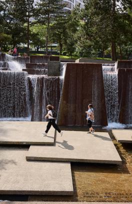 Students at the waterfall near PSU campus