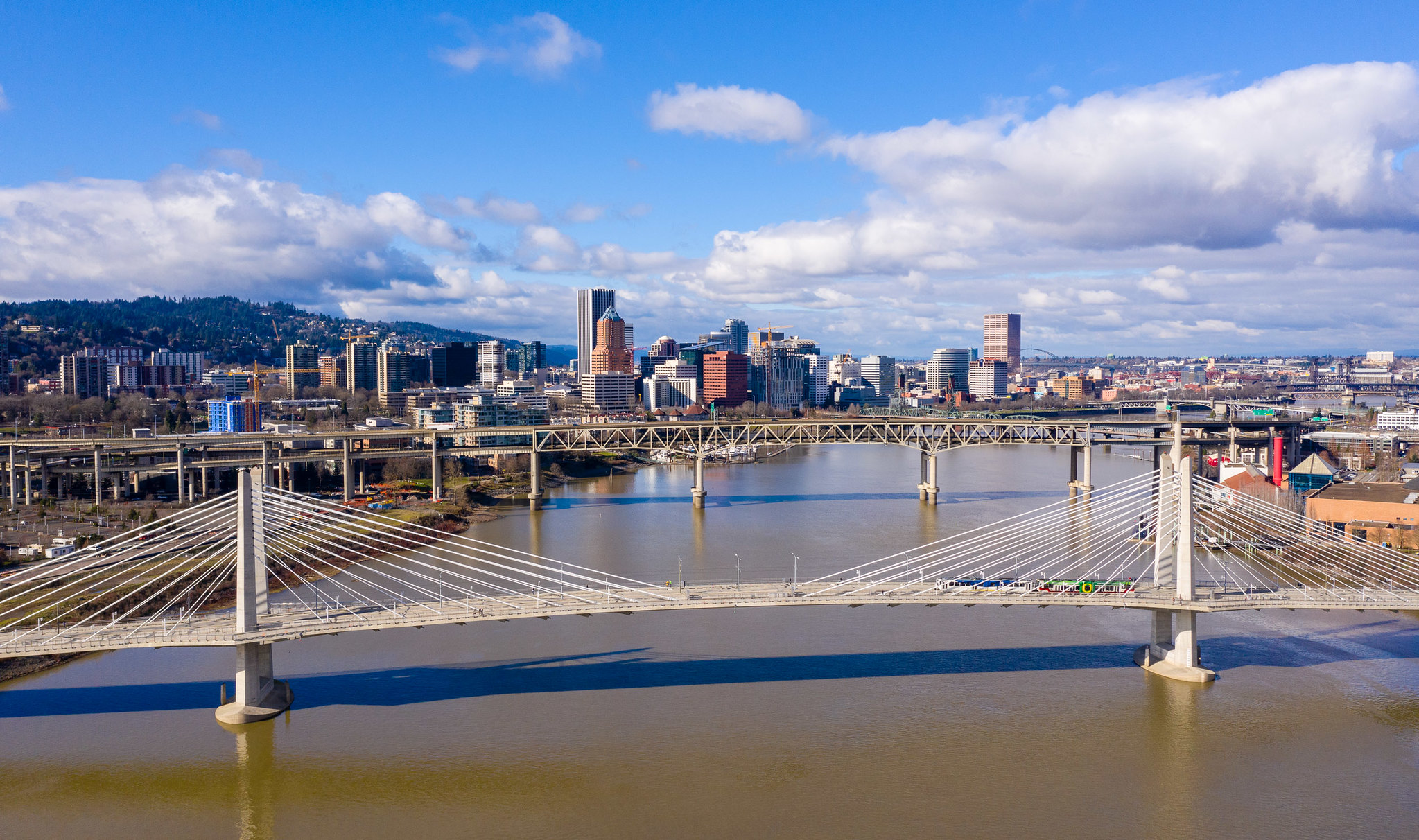 Aerial view of the Willamette River and the Tillikum and Morrison Bridges