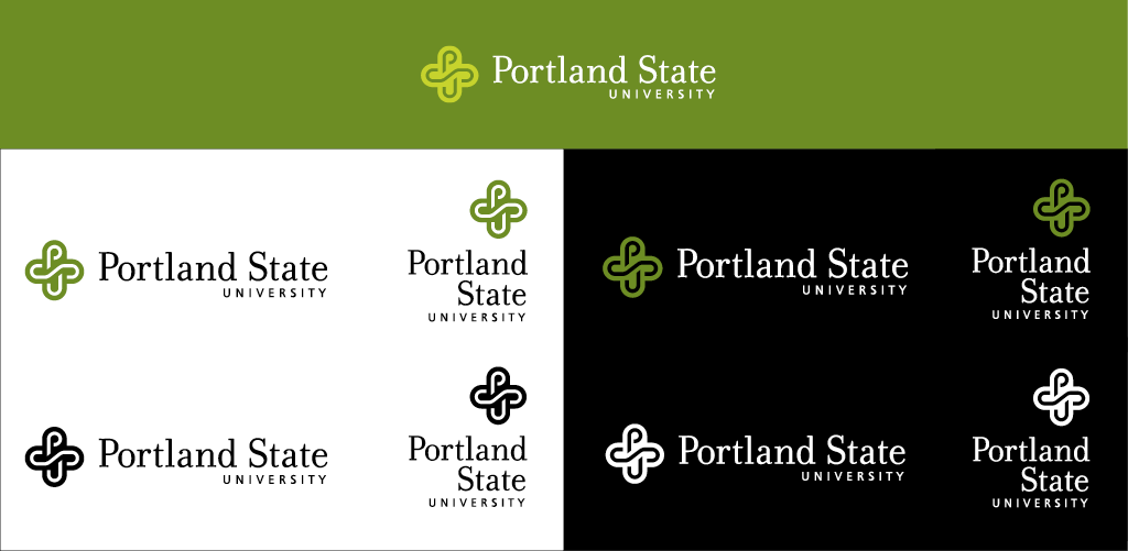 Examples of PSU logos against black, white, and green backgrounds