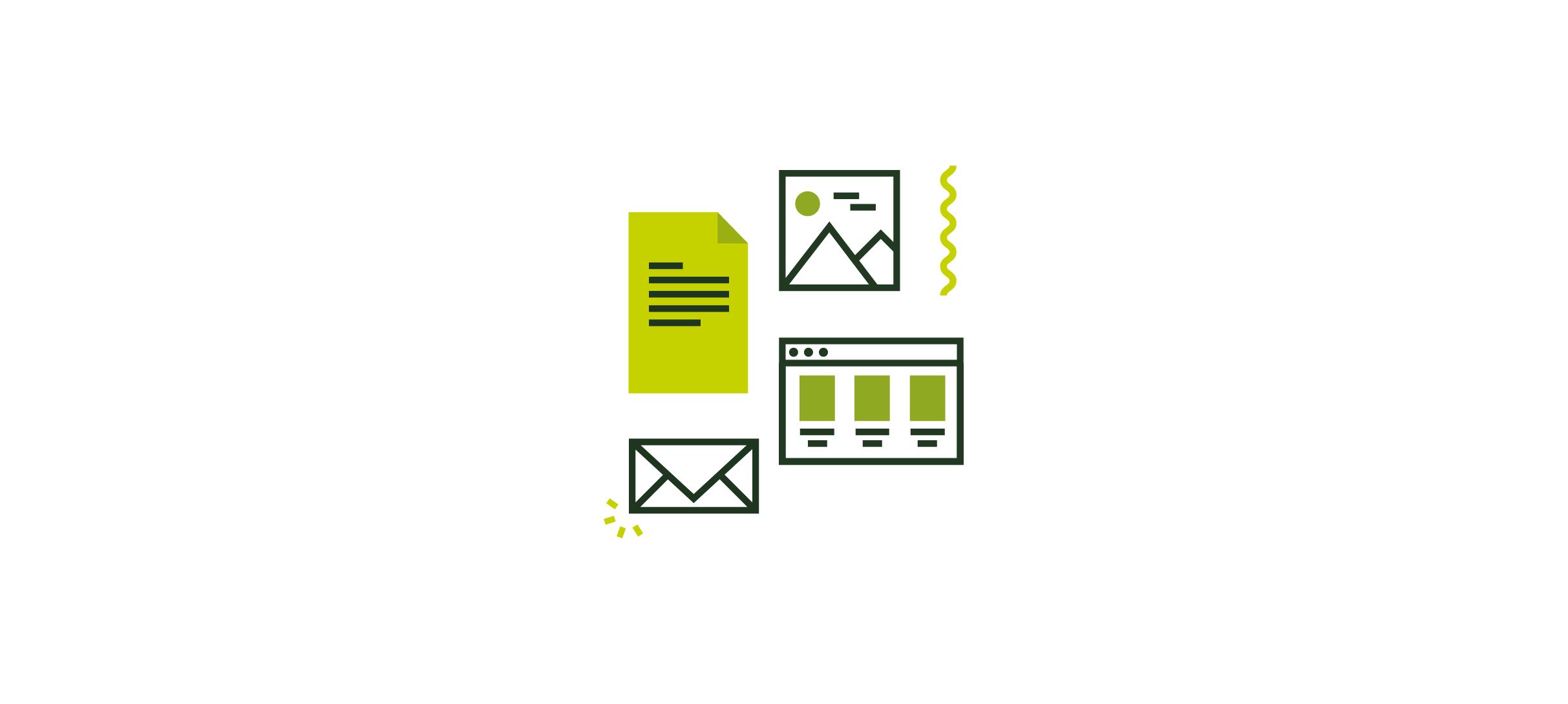 Illustrated envelope, webpage, document, and image icons