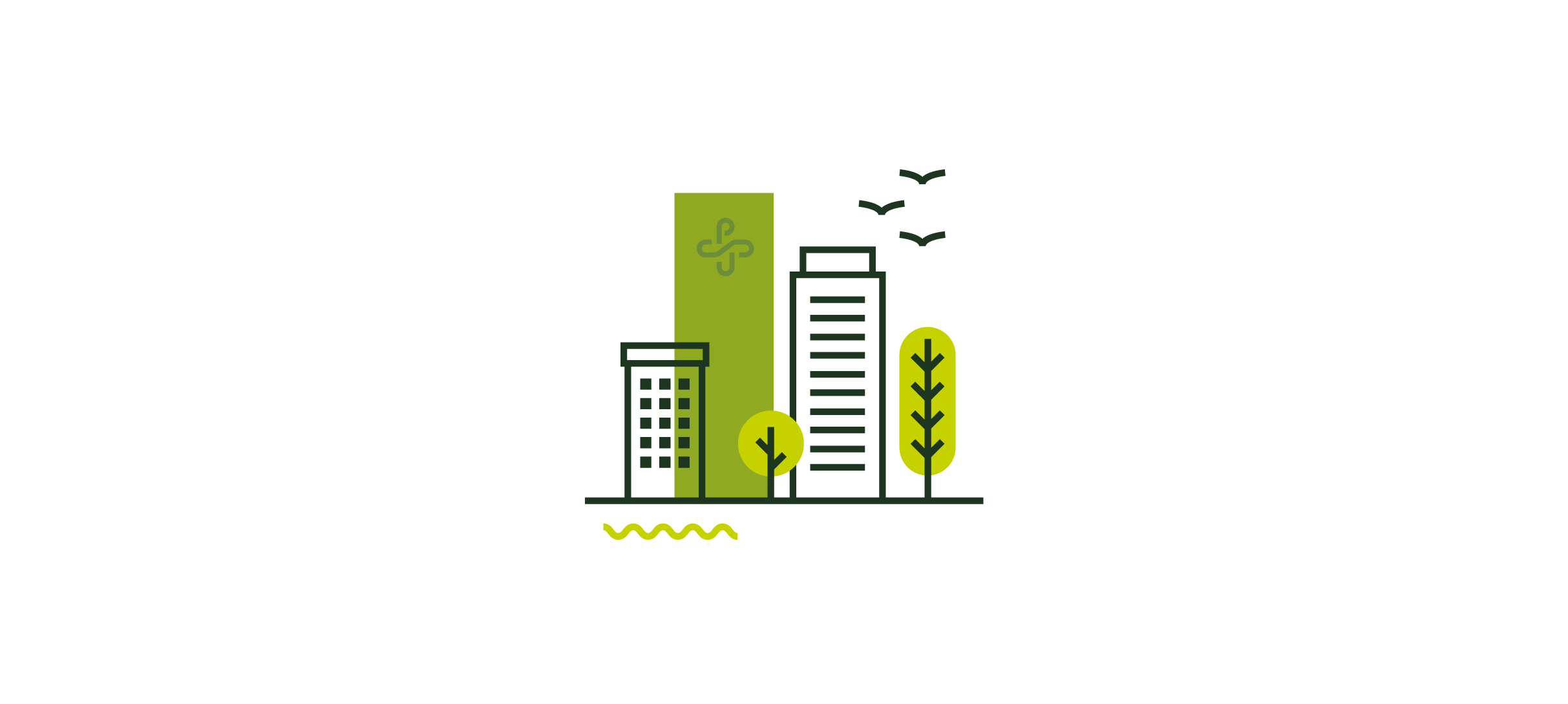 Illustrated buildings and trees icon