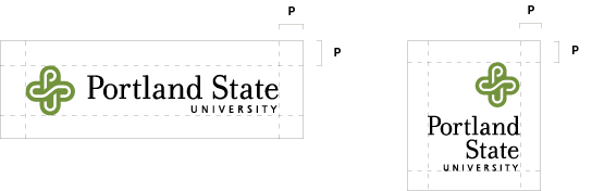 Example showing required minimum clear space surrounding vertical and horizontal PSU logos