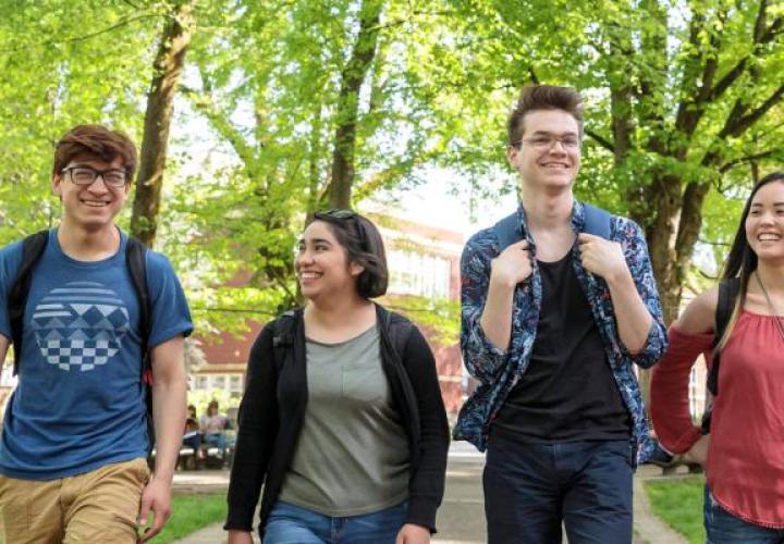 Transfer students walk through Portland State’s South Park Blocks, highlighting the pathway from PCC to PSU